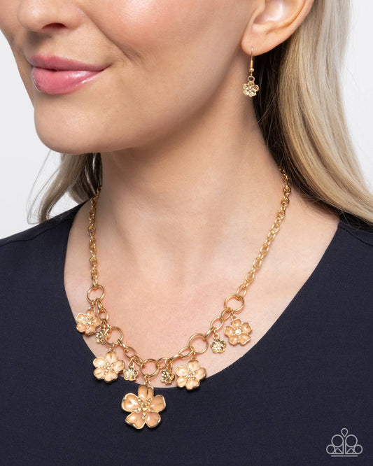 Secretive Sprig - Brown Painted & Light Peach Rhinestone Flower Necklace Paparazzi N2823