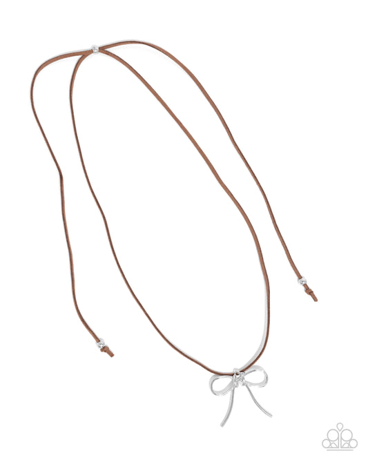Bolo Bow - Brown Suede & Silver Bow Necklace Paparazzi N3419