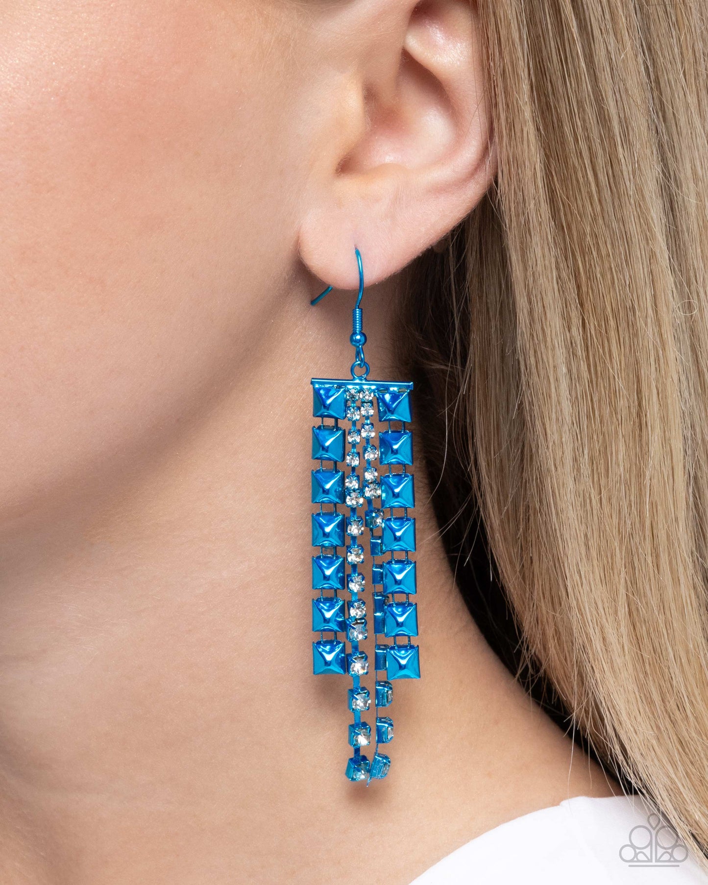 Forceful Fringe - Blue - Electric Hue & White Rhinestone Earring Paparazzi E2551