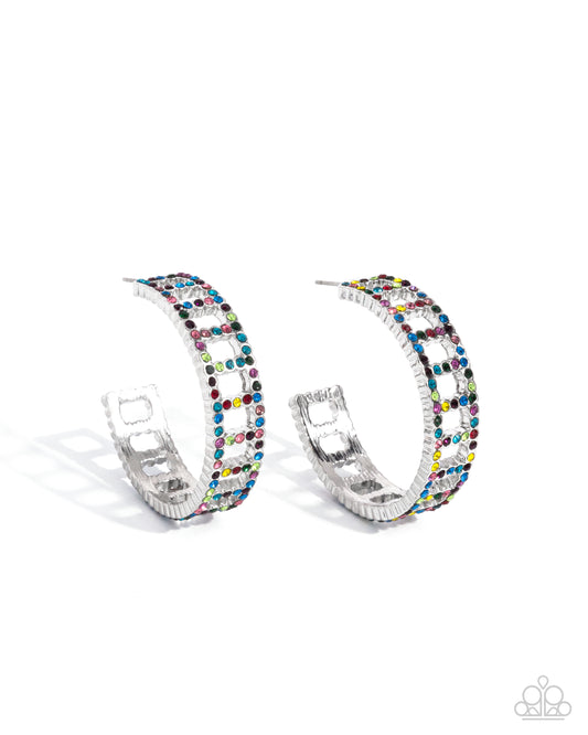 Bridging Brilliance - Multi Colored Rhinestone Frame Edgy 1 1/2 Inch Hoop Earring Paparazzi E2334