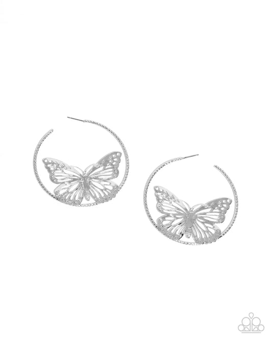 Aerial Alias Silver Oversized Butterfly 2 1/2 Inch Hoop Earring Paparazzi E2338