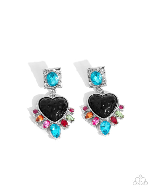 Bohemian Bling - Black Heart Bead, Blue & Multicolored Gem Post Earring Paparazzi E2902