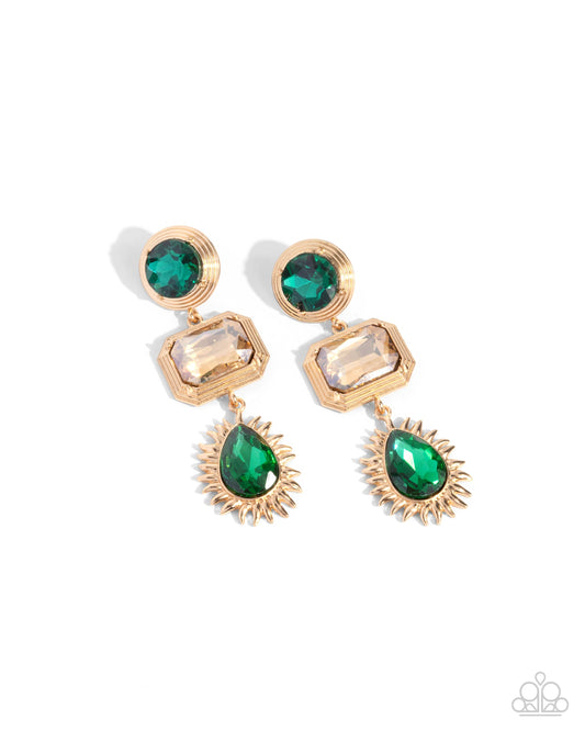 Entertaining the Thought - Green Aventurine Round & Teardrop, Champagne Emerald Cut Gem Post Earring Paparazzi E2821