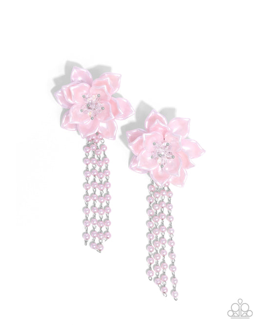 Lotus Length - Pink - Baby Pink Flower & Pearl Earring Paparazzi E2361