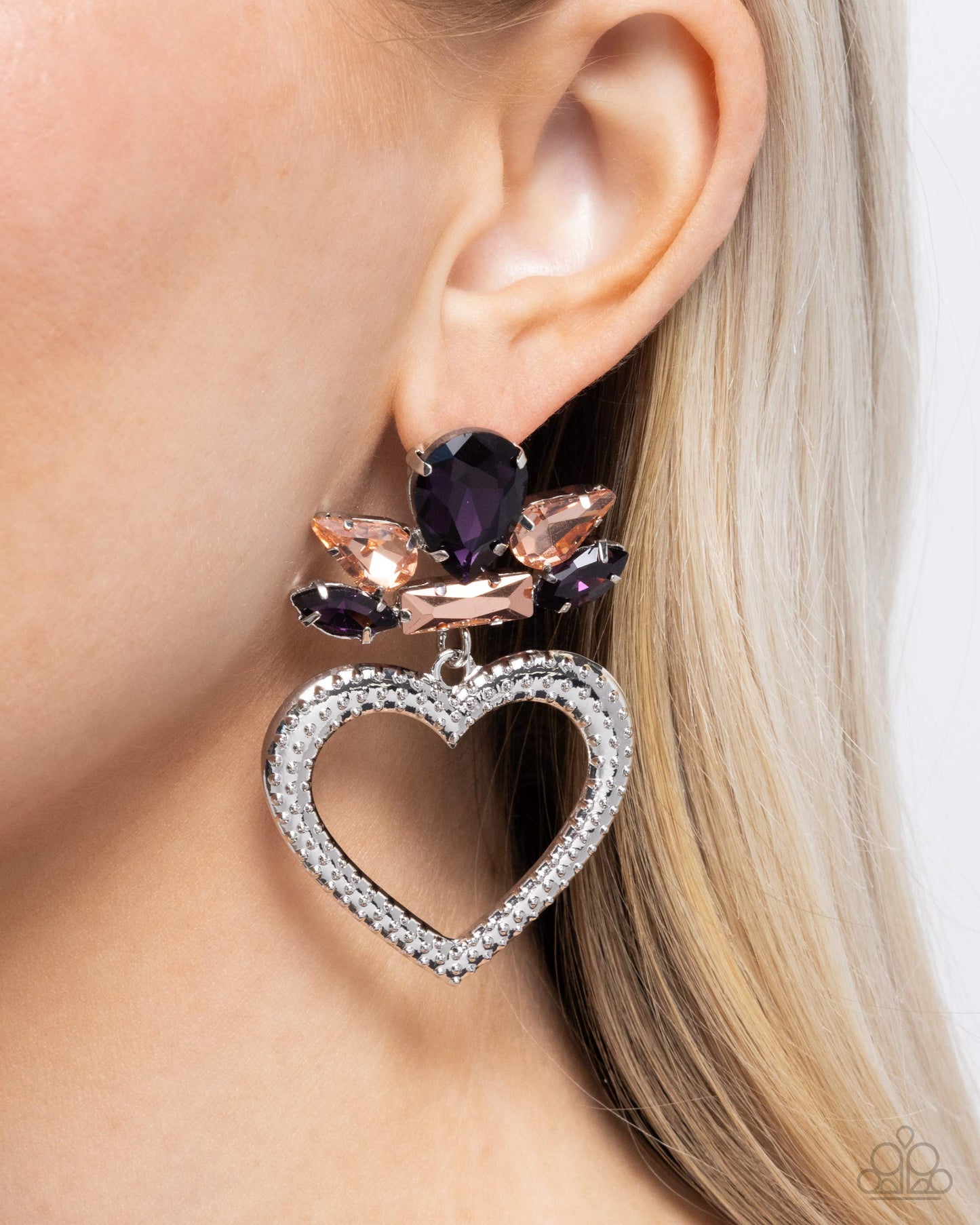 Pushing Perfection - Purple & Peach Gem Silver Heart Post Earring Paparazzi E2482