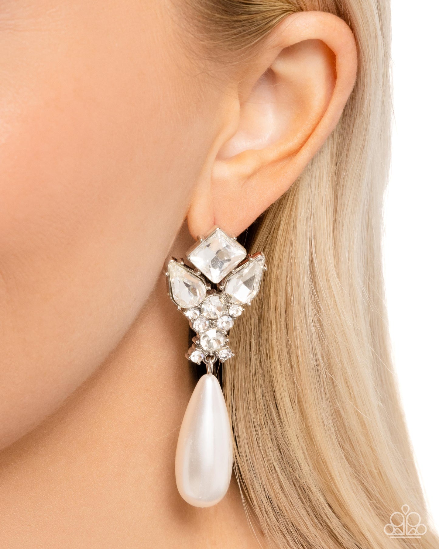 Pearly Promenade - White Rhinestone & Gem, Pearl Teardrop Post Earring Paparazzi E1899