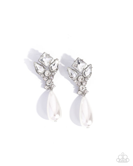 Pearly Promenade - White Rhinestone & Gem, Pearl Teardrop Post Earring Paparazzi E1899