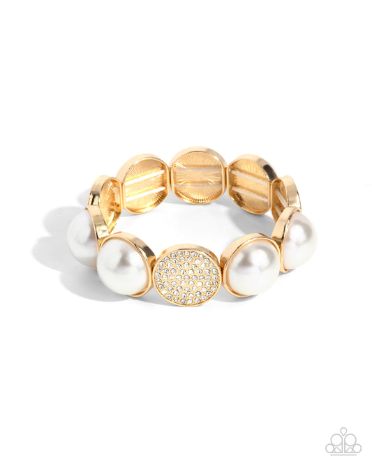 Believable Bling - Gold, White Pearl & Rhinestone Stretch Bracelet Paparazzi B2384