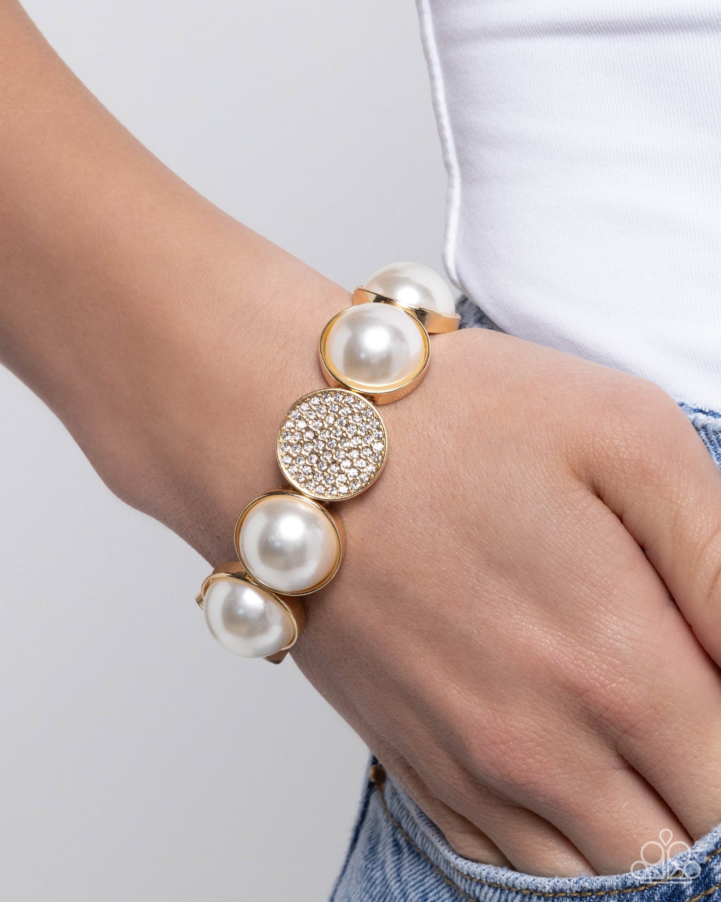 Believable Bling - Gold, White Pearl & Rhinestone Stretch Bracelet Paparazzi B2384