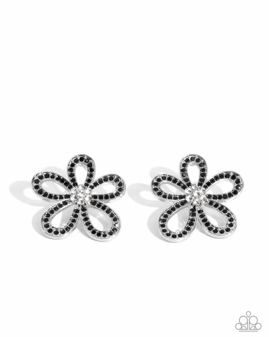 Blooming Belle - Black & White Rhinestone Flower Post Earring Paparazzi E2805