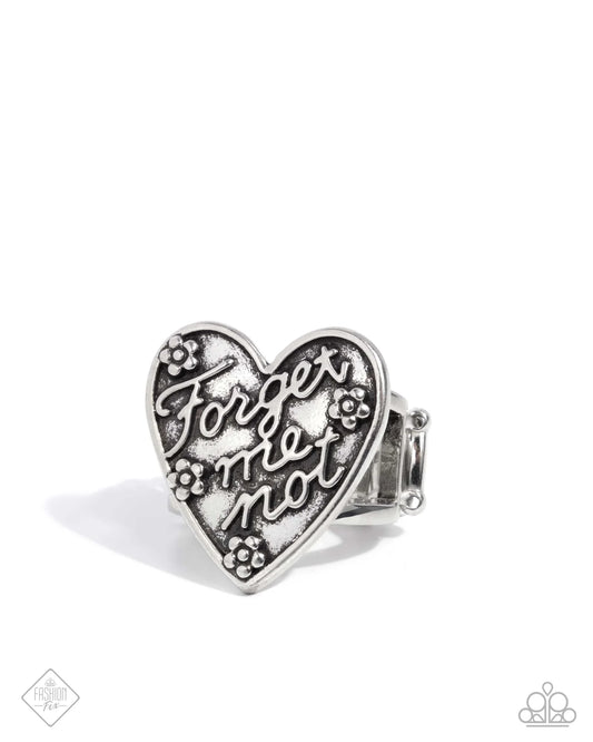 Rustic Remembrance - Silver Forget Me Not Heart Ring Glimpses Of Malibu Fashion Fix August 2024 Paparazzi R1176