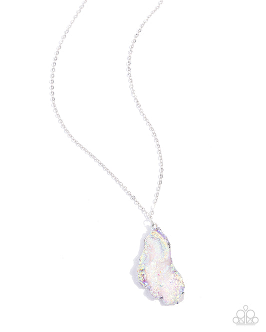 Experimental Echo - Silver Chain Iridescent Druzy White Crystal Like Pendant Necklace Paparazzi N3242