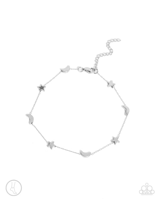 Cosmic Craze - Silver Paperclip Chain, Crescent Moon & Star Anklet Paparazzi B2055