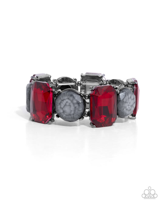 Cloudy Conversation - Red Emerald Cut & Gray Resin Cloudy Gem Gunmetal Stretch Bracelet Paparazzi B1879