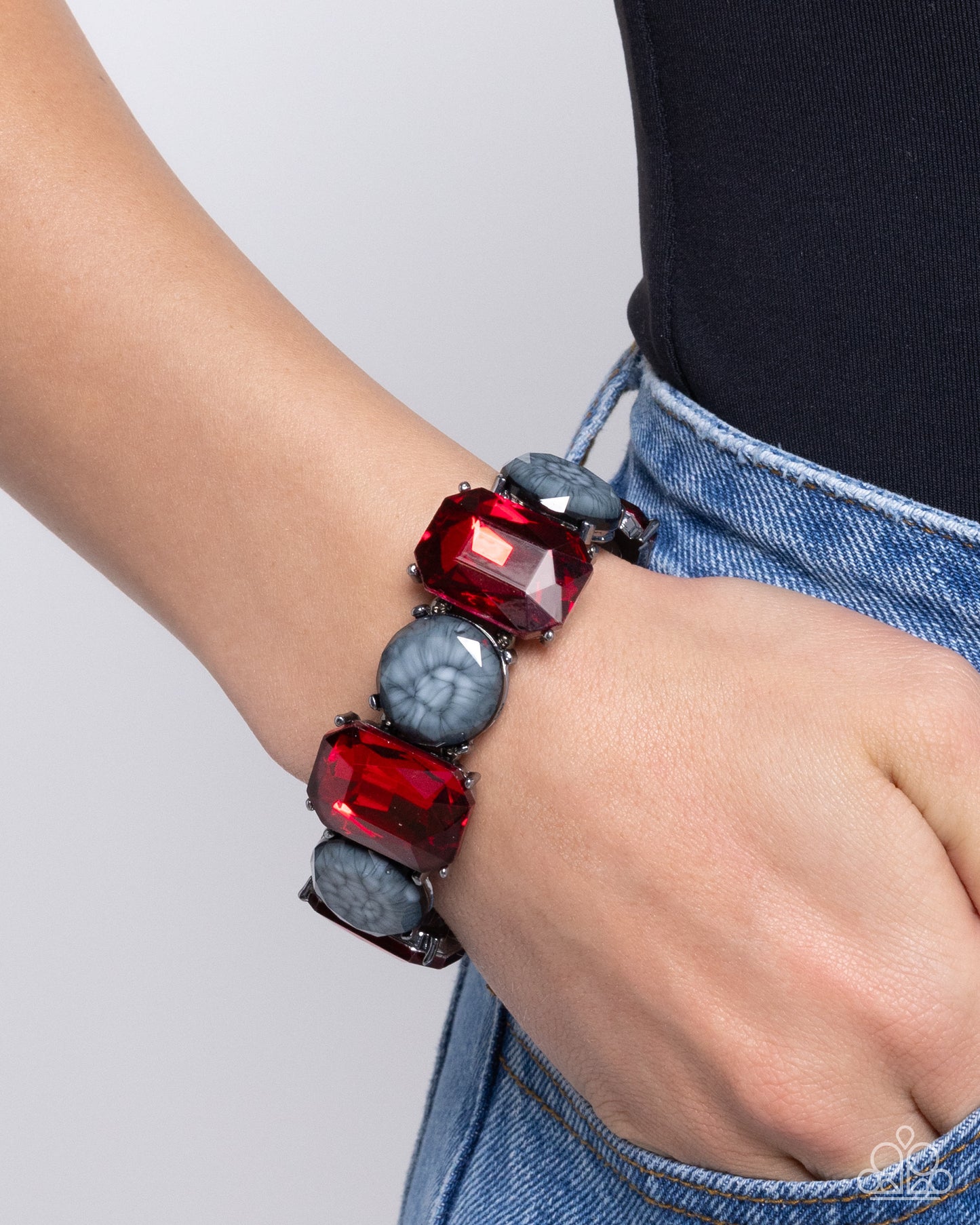 Cloudy Conversation - Red Emerald Cut & Gray Resin Cloudy Gem Gunmetal Stretch Bracelet Paparazzi B1879
