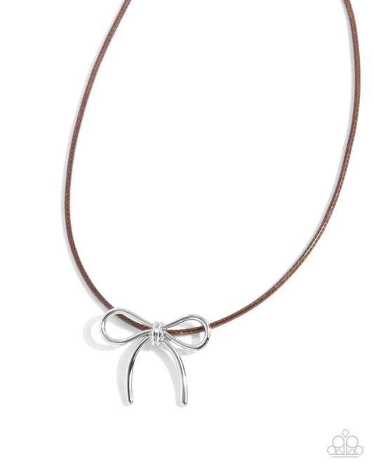 Paparazzi Leisurely Ladylike - Brown Cord Silver Bow Necklace N2655