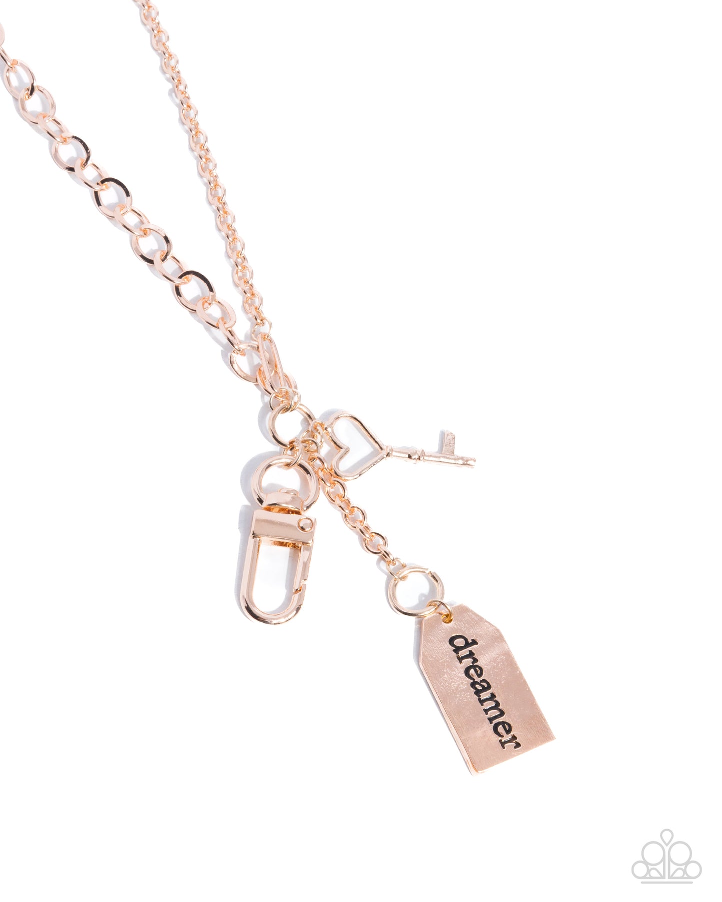 Dreamy Direction - Rose Gold Cable Chain, Heart Shaped Rose Gold Key, Inspirational Word "dreamer" Lanyard Style Necklace Paparazzi N2620