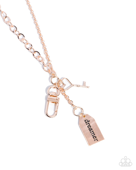 Paparazzi Dreamy Direction - Rose Gold Cable Chain, Heart Shaped Rose Gold Key, Inspirational Word "dreamer" Lanyard Style Necklace N2620
