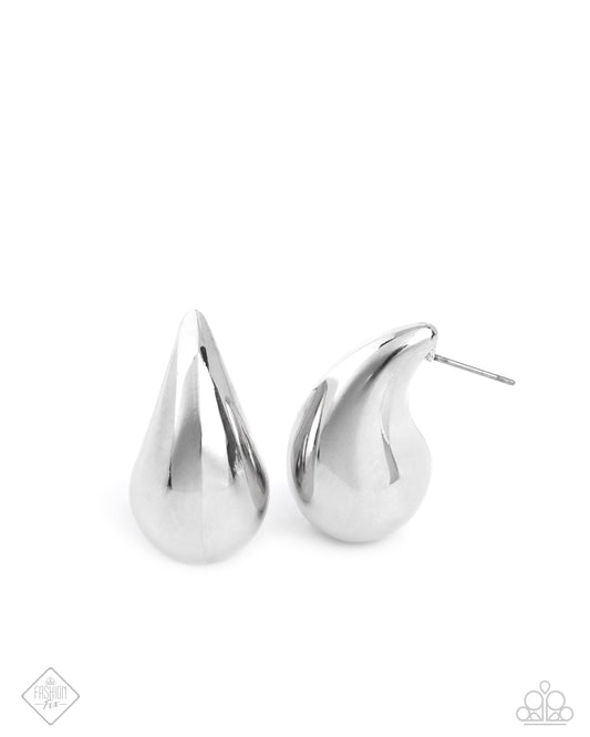 Raindrop Reveal - Silver Elongated Teardrop Post Earring Fashion Fix October 2024 Magnificent Musing Paparazzi E2316
