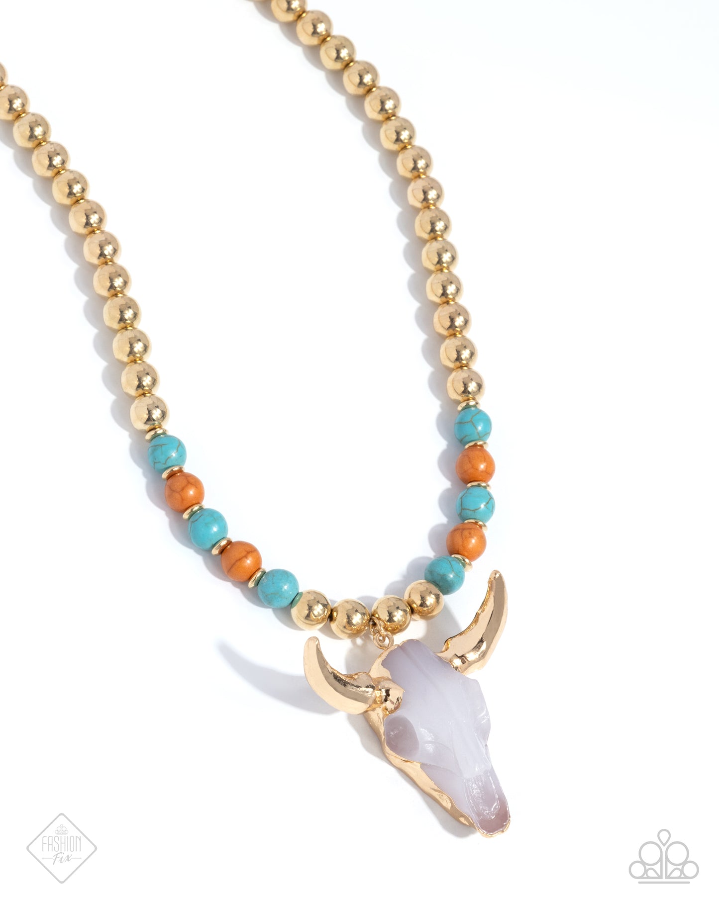Timeless Texan - Gold, Turquoise & Tomato Cream Stone Bead Cow Skull Necklace Simply Santa Fe Fashion Fix Novmber 2024 Paparazzi N3510