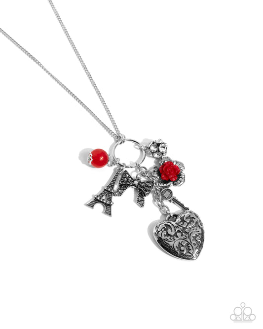 Parisian Press - Red Scarlet Smile Rosette, Silver Heart Charm Necklace Paparazzi N2806