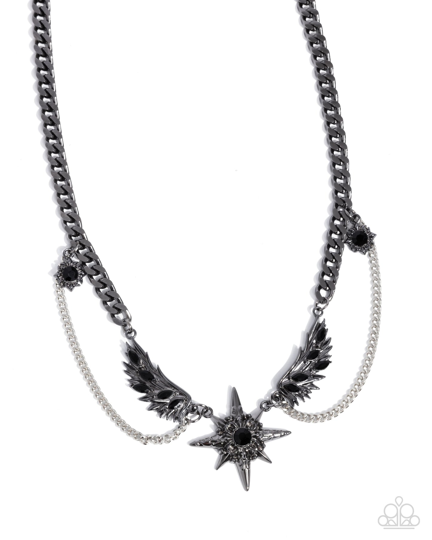 Cosmic Critique - Black Gem, Gunmetal Star & Angel Wing Necklace Paparazzi