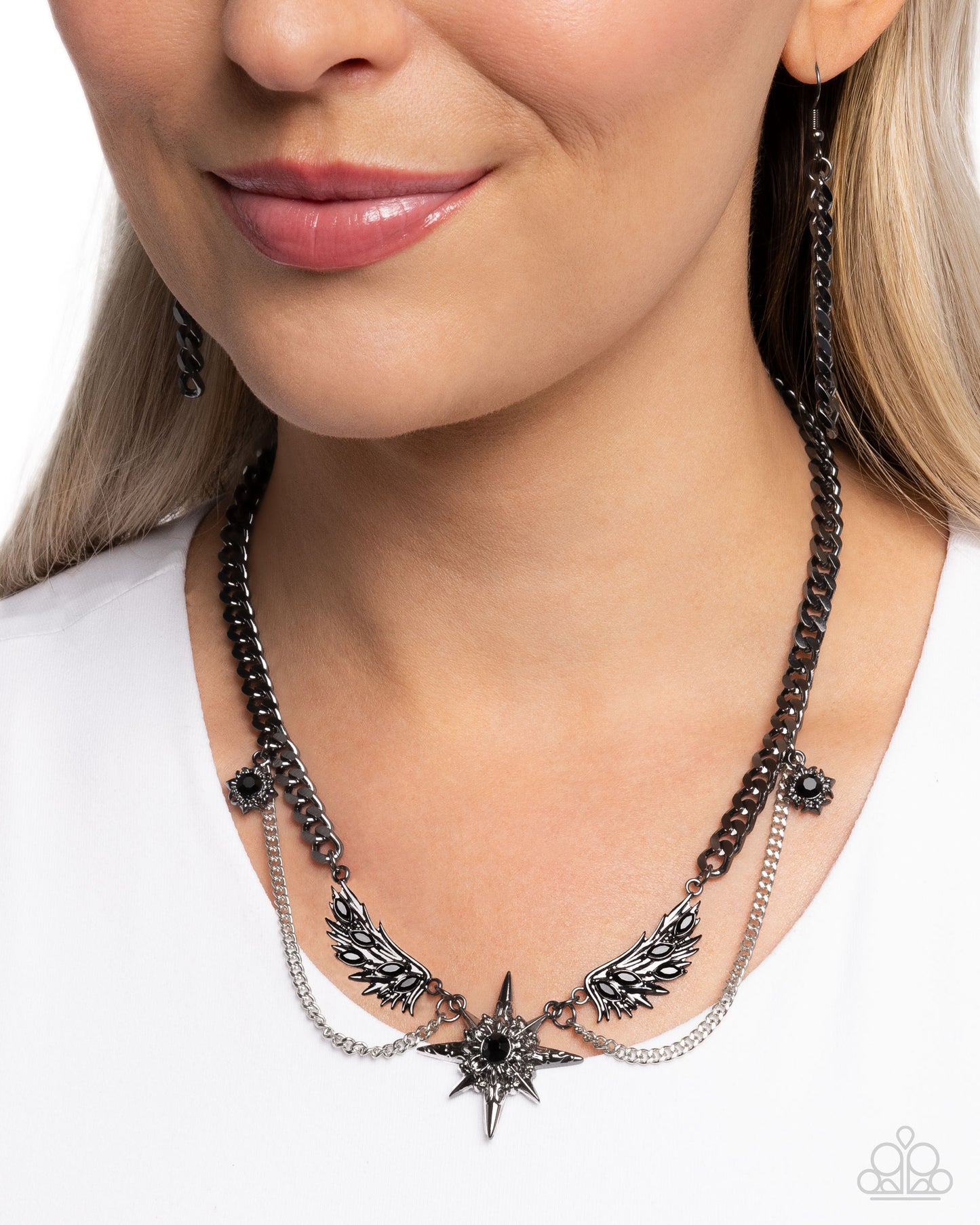 Cosmic Critique - Black Gem, Gunmetal Star & Angel Wing Necklace Paparazzi