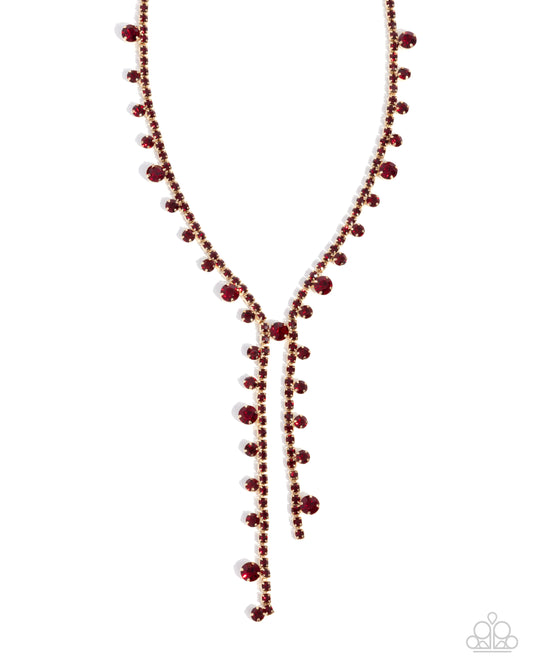 Glittery Getaway - Red Rhinestone & Gold Interconnected Strand Necklace Paparazzi N3085