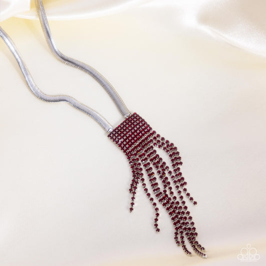 Straighten Up - Red Rhinestone Tapered Fringe Necklace Paparazzi N3100