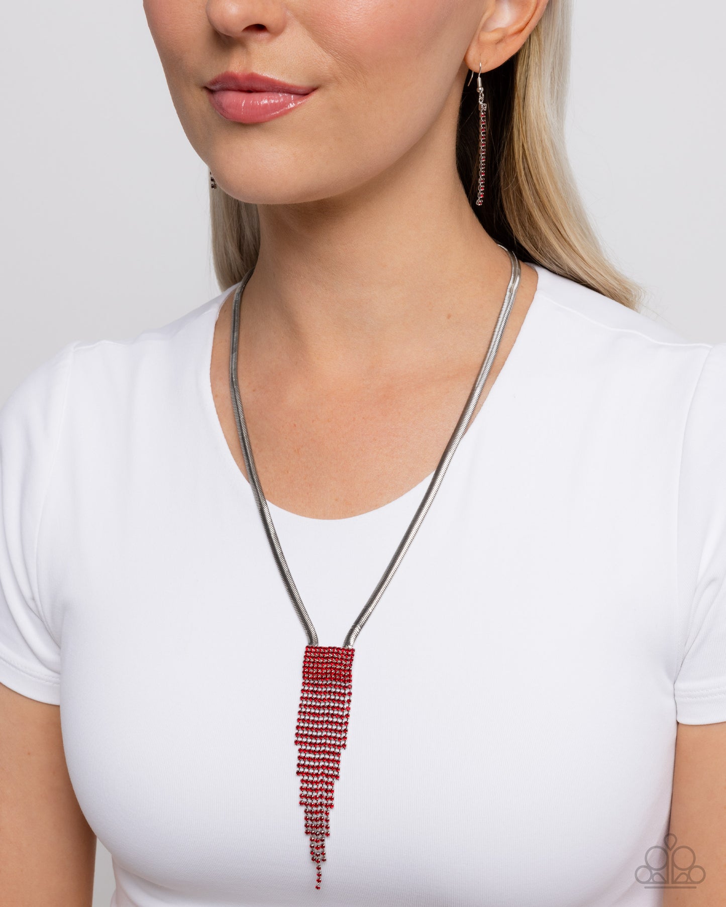 Straighten Up - Red Rhinestone Tapered Fringe Necklace Paparazzi N3100