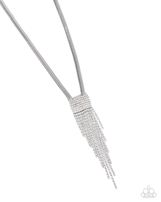 Straighten Up - White Rhinestone Silver Herringbone Chain Necklace Paparazzi N3371