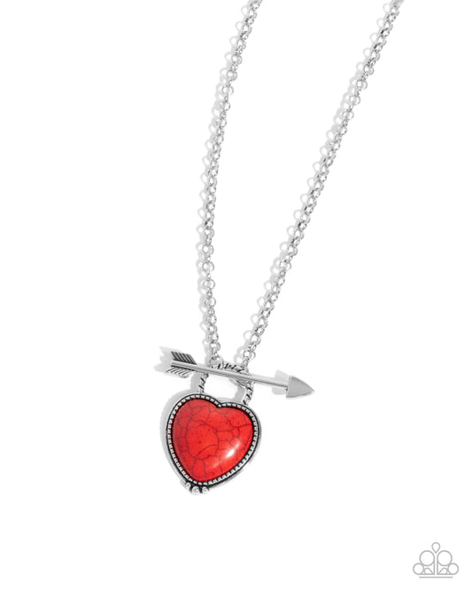 Artful Arrow - Red Stone Heart Silver Arrow Santa Fe Style Necklace Paparazzi N3051