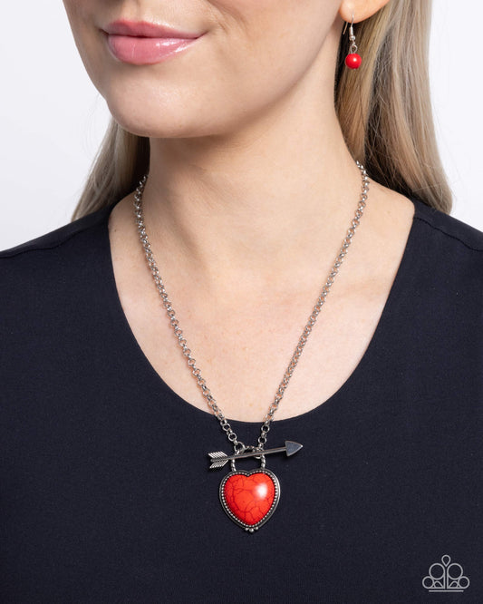 Artful Arrow - Red Stone Heart Silver Arrow Santa Fe Style Necklace Paparazzi N3051
