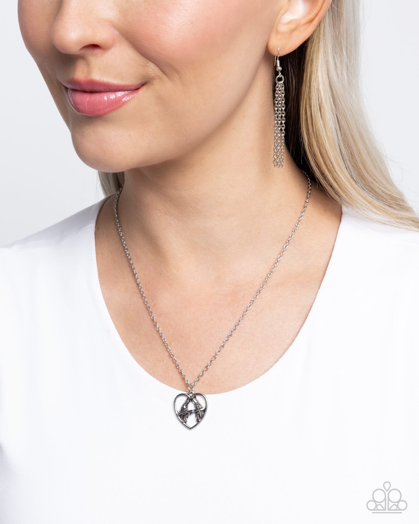 Brilliant Birds - Silver Birds On Heart Frame Necklace Paparazzi N3138