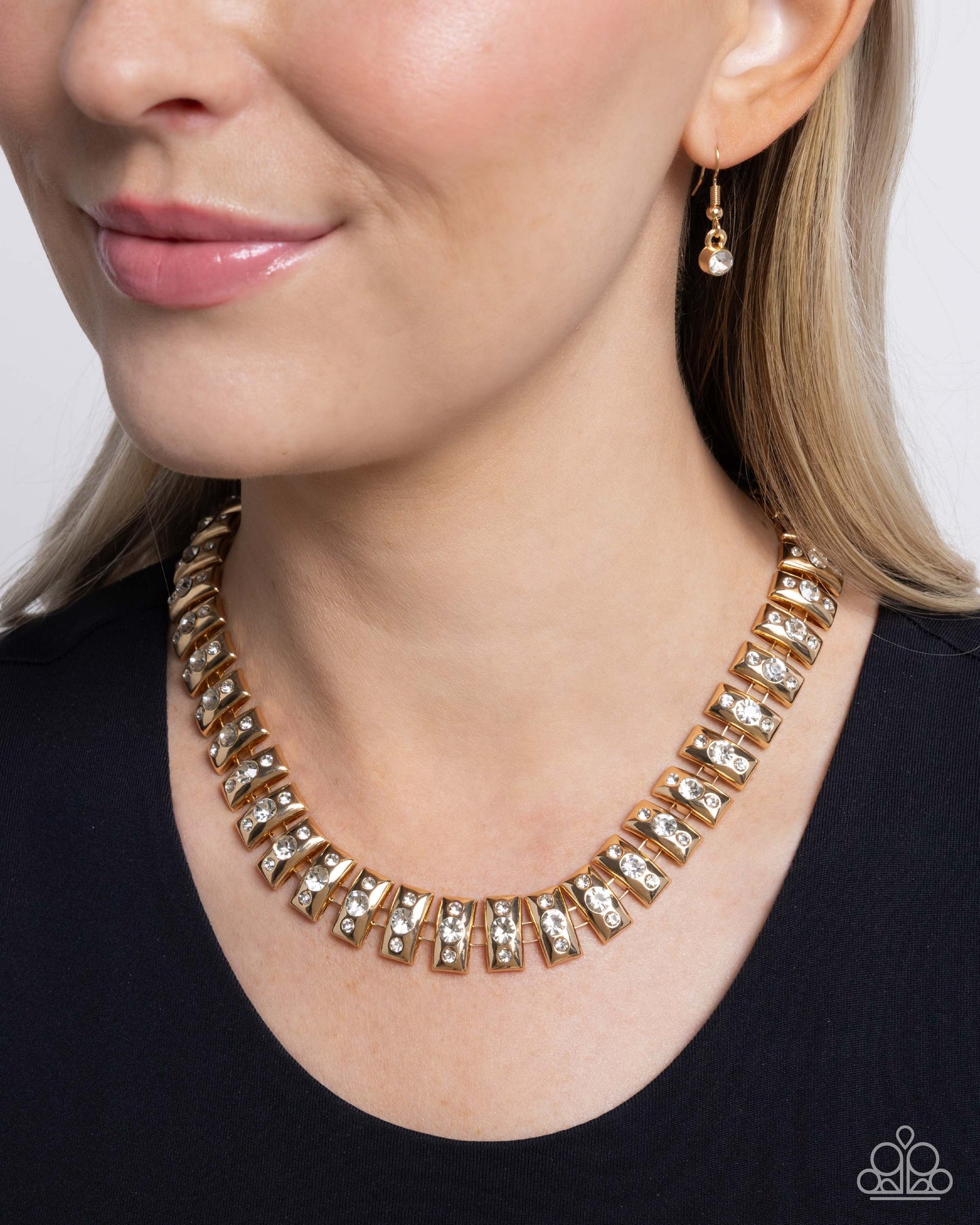 Officially Opulent - Gold Plates & White Rhinestone Necklace Paparazzi N2916