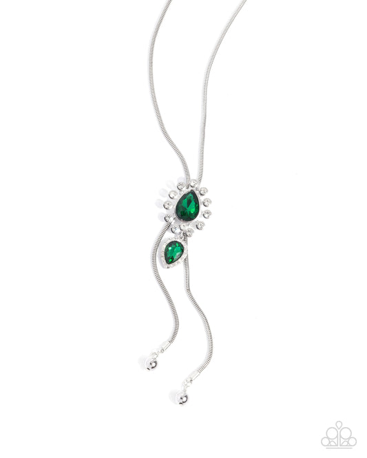 London Layers - Green Emerald Teardrop Gem & White Rhinestone Bolo Style Necklace Paparazzi N3247