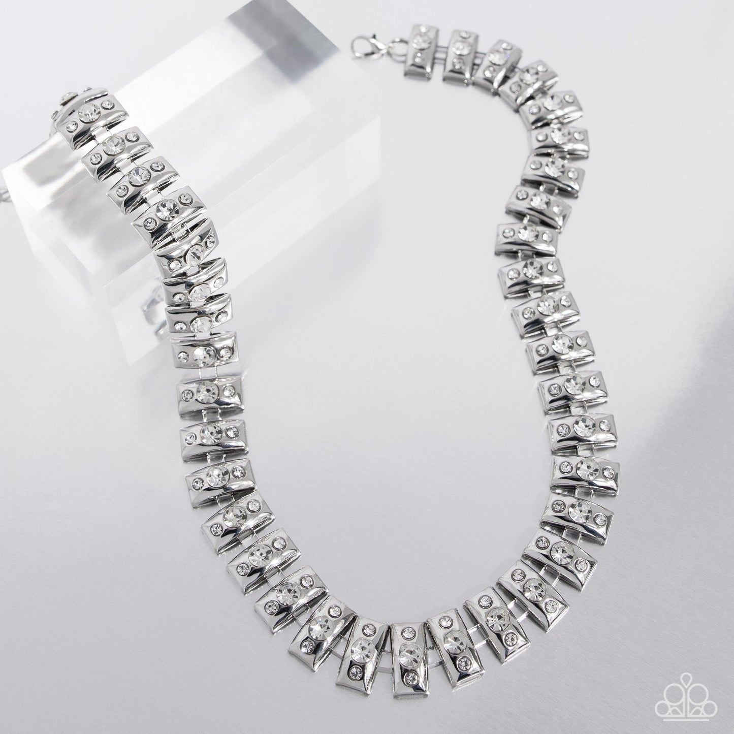 Officially Opulent - White Rhinestone & Gem Silver Necklace Paparazzi N3079