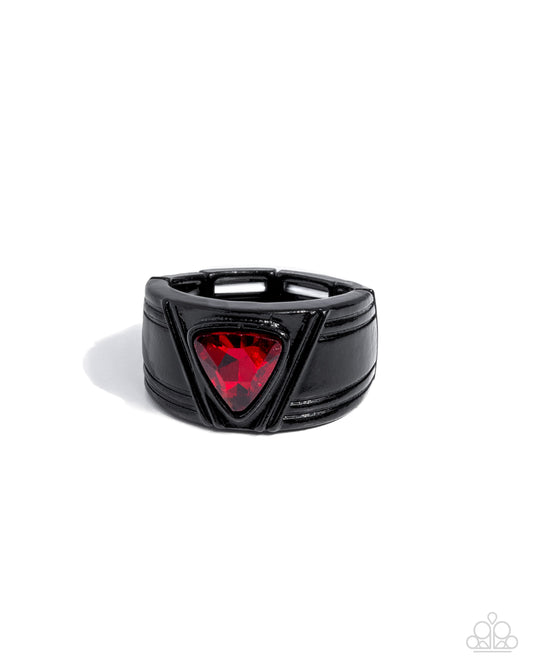 Trenchant Triangle - Red Gem & Black Painted Thick Band Urban Men's Ring Paparazzi R1048
