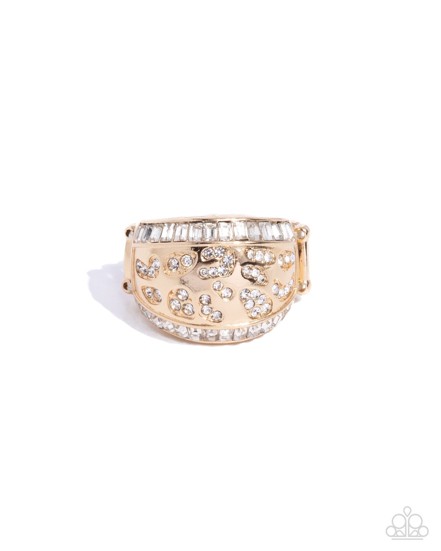 Completely Classy - Gold & White Rhinestone Animal Print Embellished Ring Paparazzi R0836