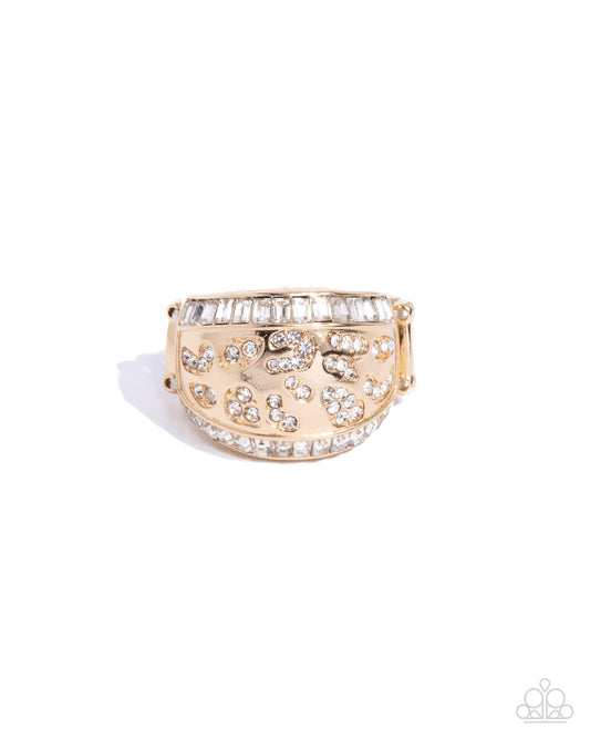 Completely Classy - Gold & White Rhinestone Animal Print Embellished Ring Paparazzi R0836