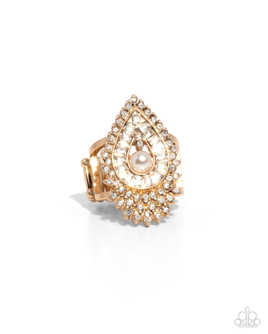 Consistent Charm - Gold Teardrop White Pearl & Gem Ring Paparazzi R1039