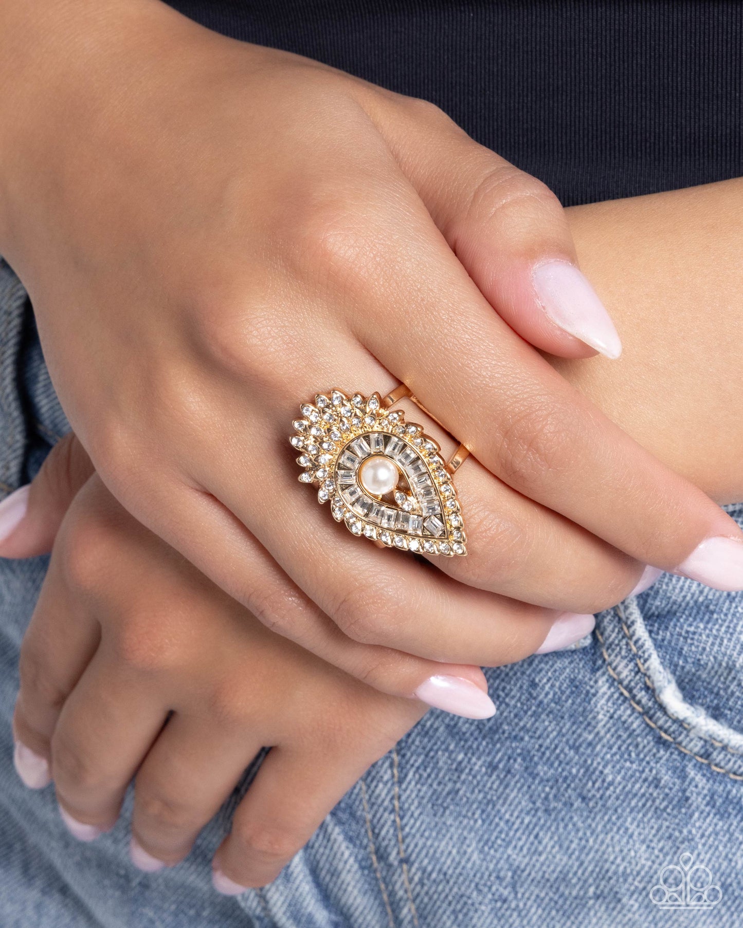 Consistent Charm - Gold Teardrop White Pearl & Gem Ring Paparazzi R1039