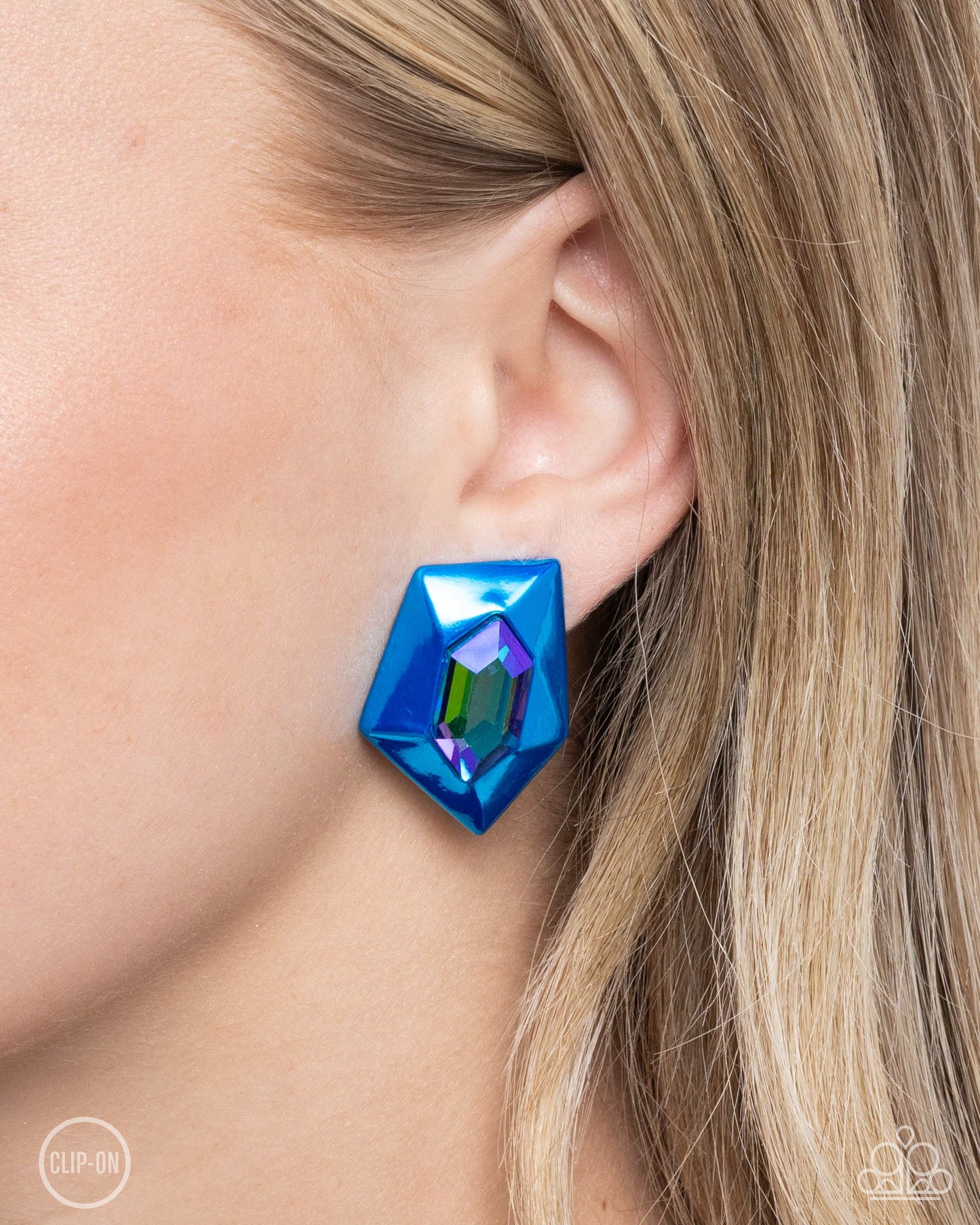 Dauntless Detail - Blue Matallic Frame & Blue UV Shimmery Gem Clip On Earring Paparazzi E2346
