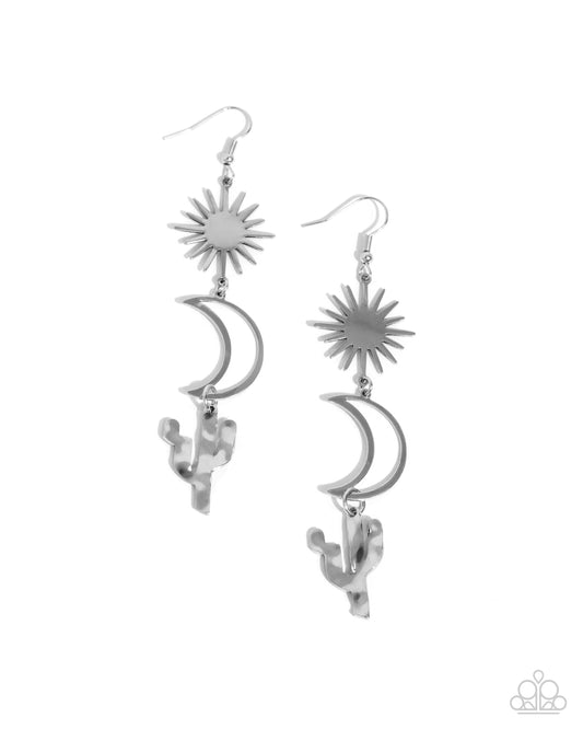 Wishfully Western - Silver Star, Crescent Moon & Cactus Santa Fe Style Earring Paparazzi E2427