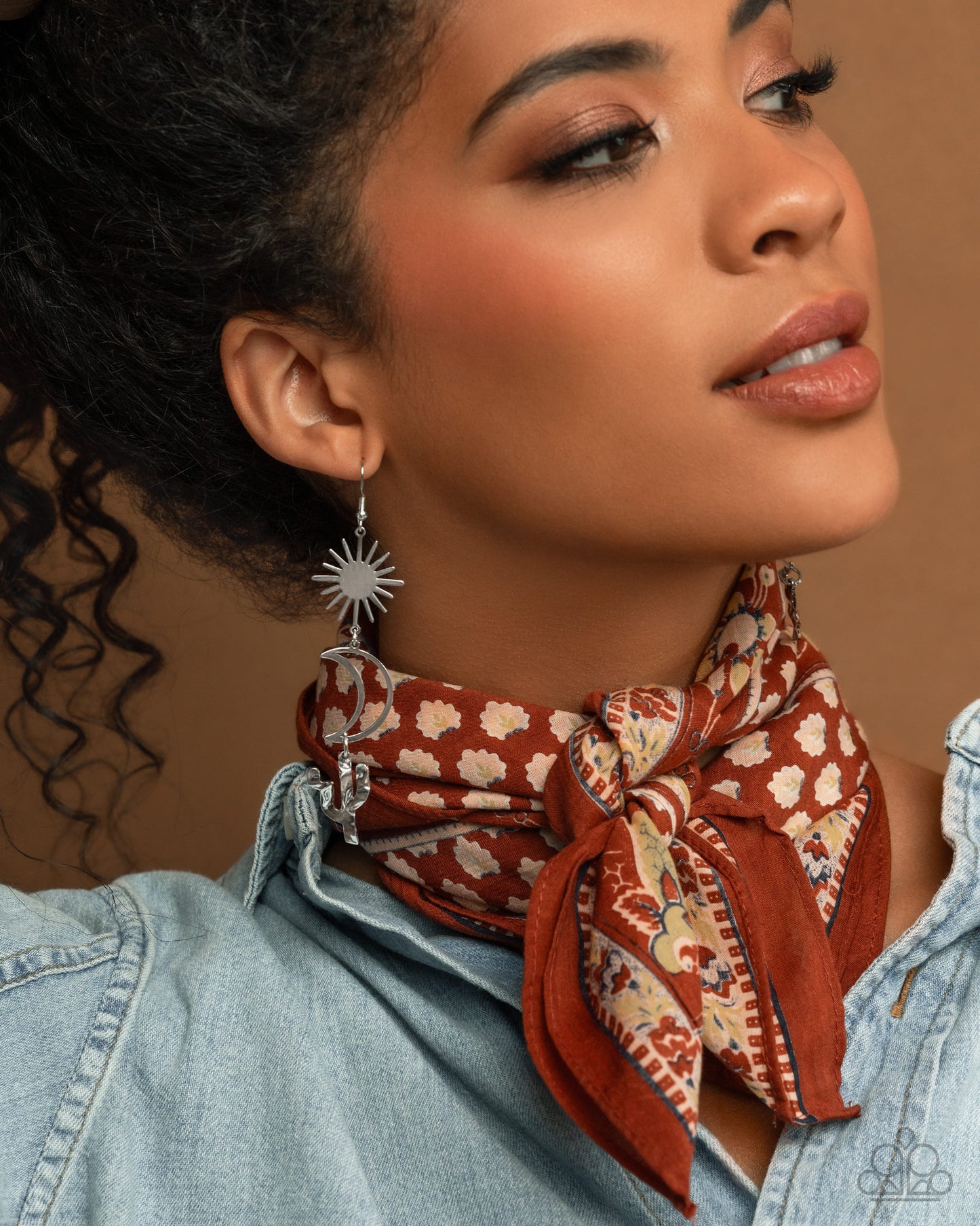 Wishfully Western - Silver Star, Crescent Moon & Cactus Santa Fe Style Earring Paparazzi E2427