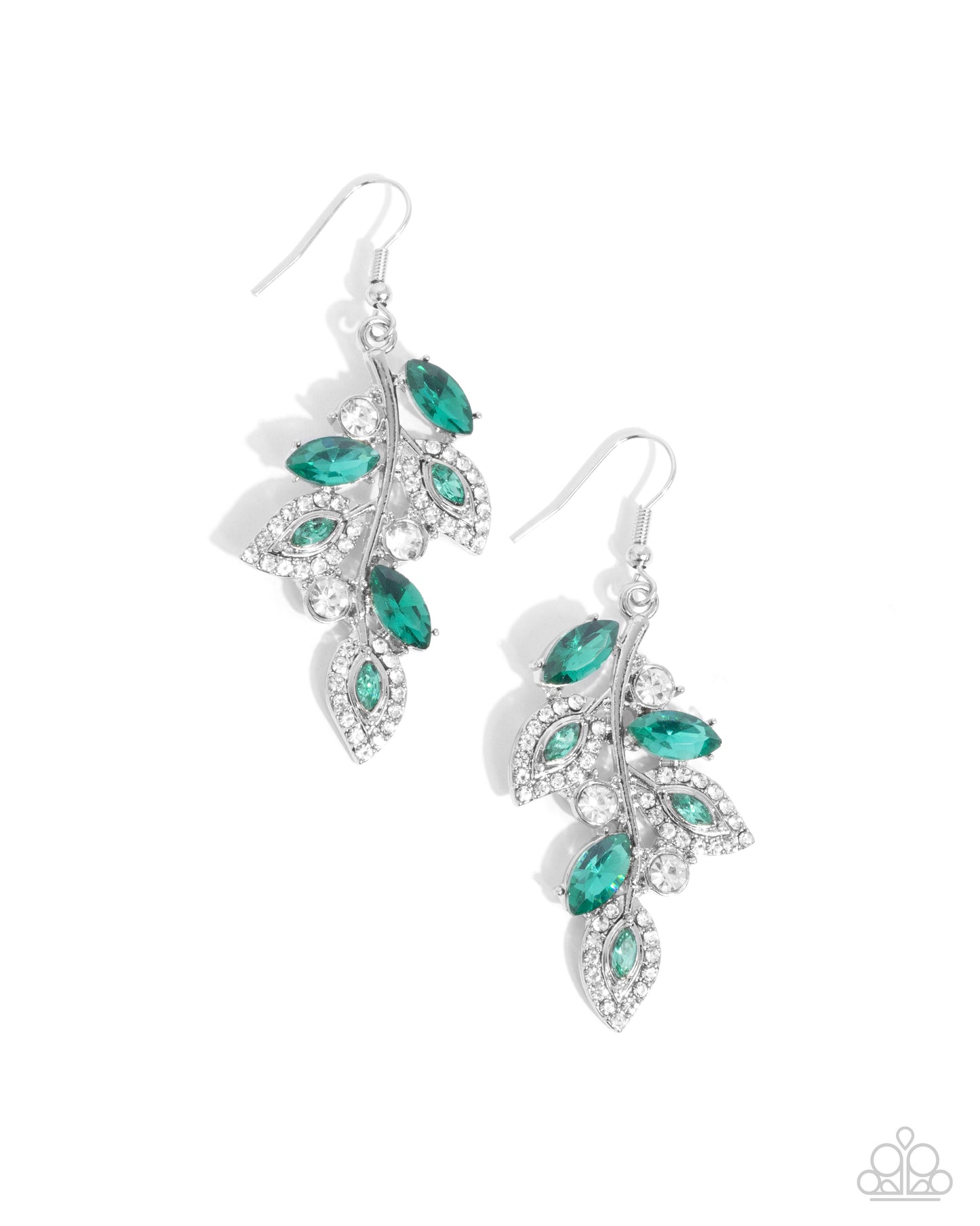 Flourishing Feature - Green Emerald Gem & White Rhinestone Leave Earring Paparazzi E2448
