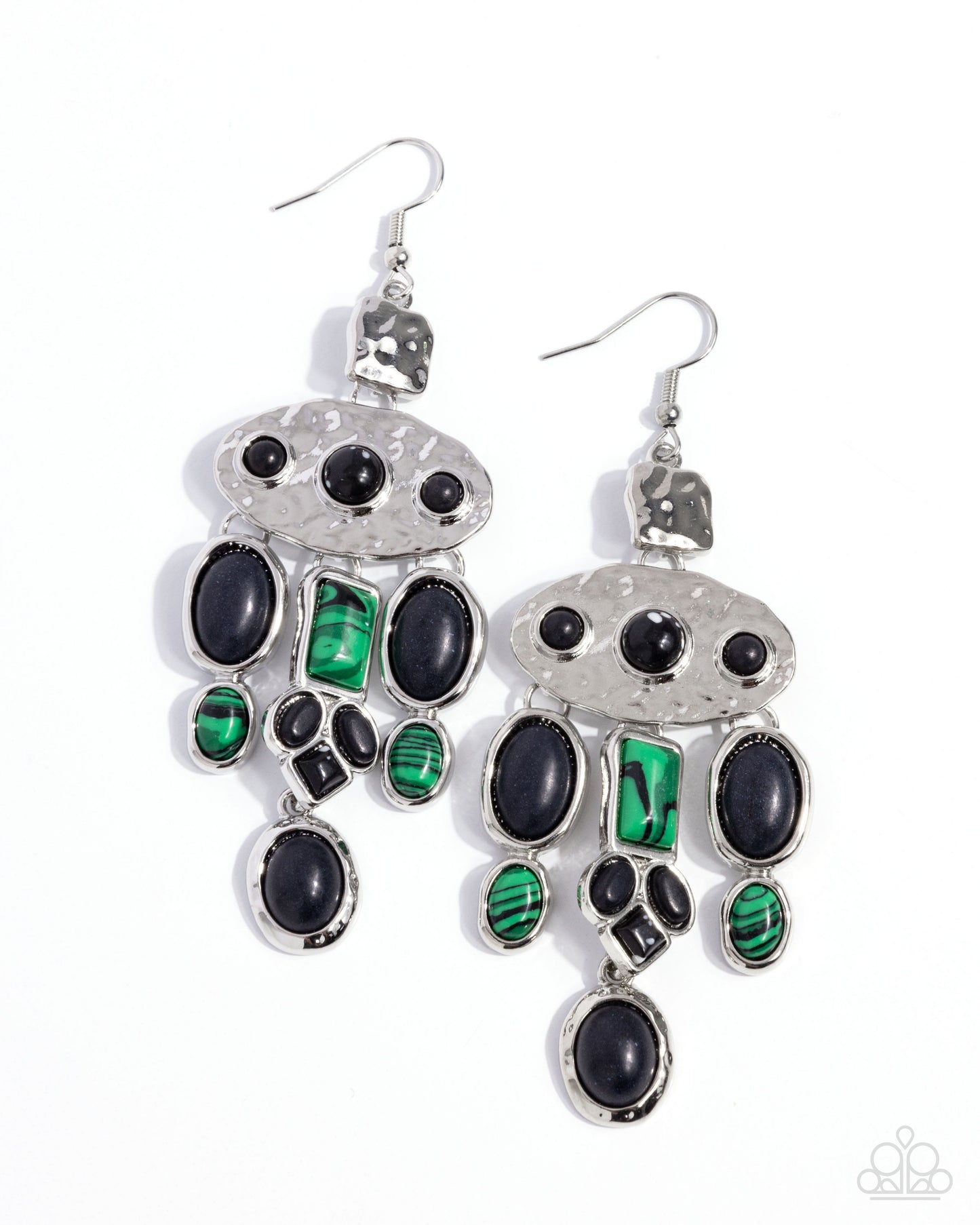 Inspired Interval - Black & Green Striped Stone, Hammered Silver Earring Santa Fe Style Paparazzi E2396