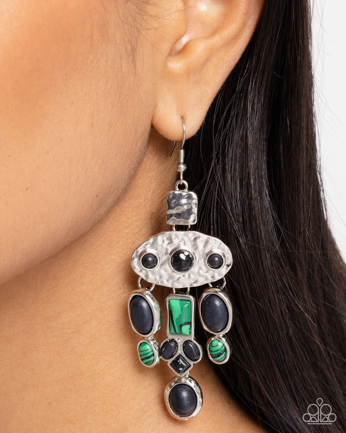 Inspired Interval - Black & Green Striped Stone, Hammered Silver Earring Santa Fe Style Paparazzi E2396