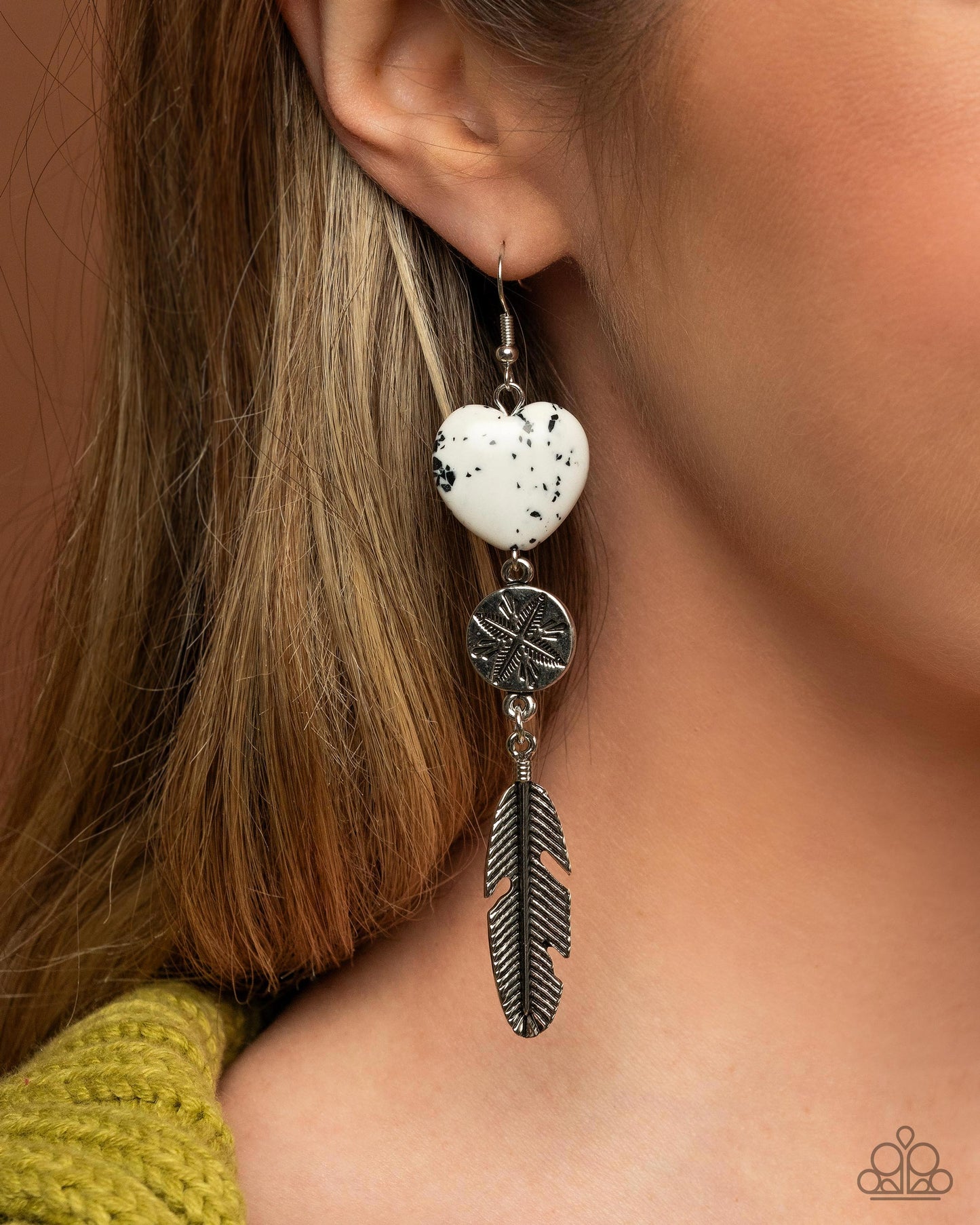 Free-Spirited Fame - White & Black Stone Heart Silver Feather Santa Fe Style Earring Paparazzi E2484