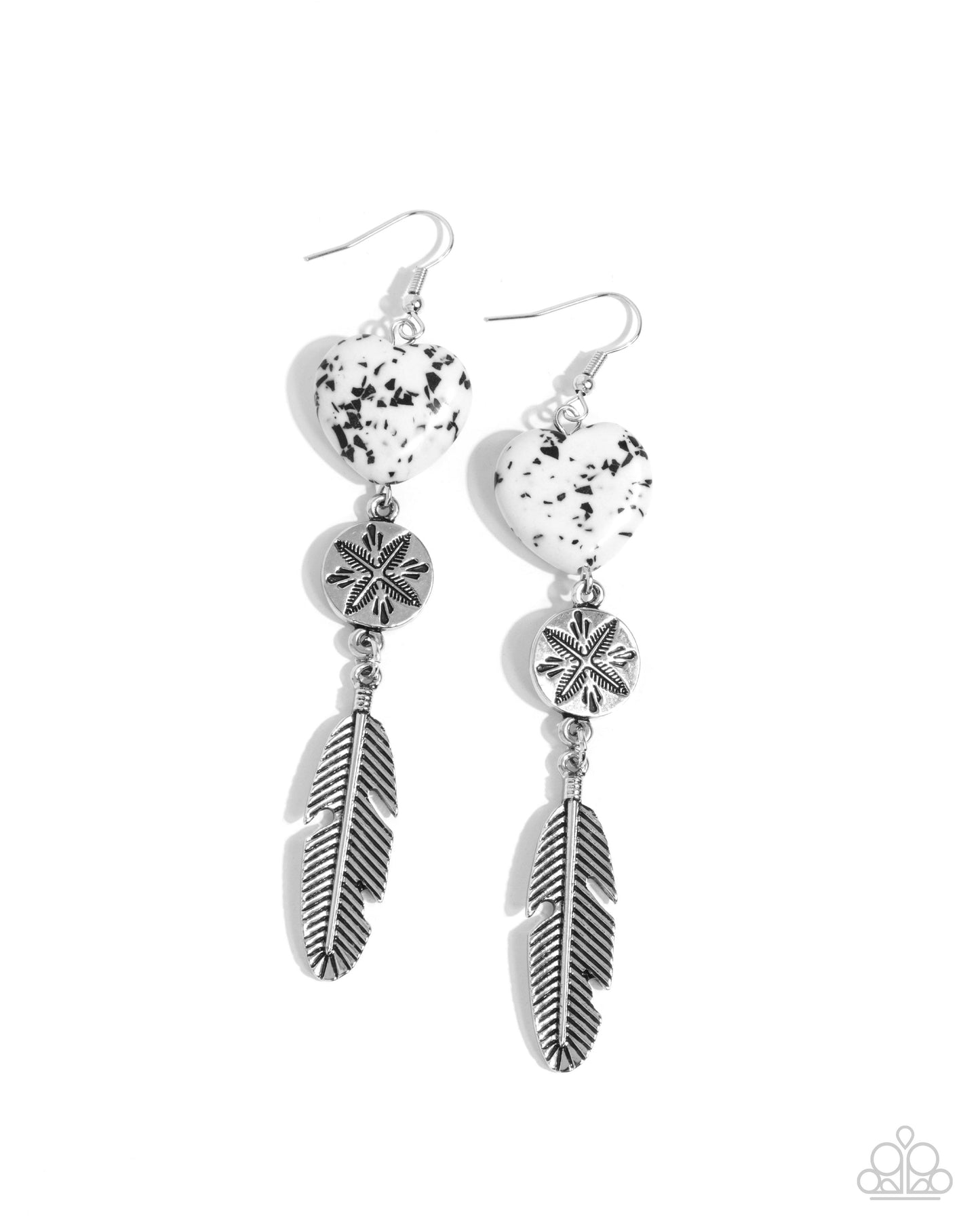Free-Spirited Fame - White & Black Stone Heart Silver Feather Santa Fe Style Earring Paparazzi E2484